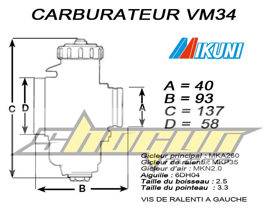 Carburateur Mikuni VM34 VIS A GAUCHE VIS DE RALENTI À GAUCHE.