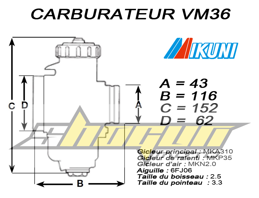 Carburateur Mikuni VM36 STANDARD MKA310 MKP35 MKN2.0 6FJ06 159-Q2 BOIS2.5 POINT3.3