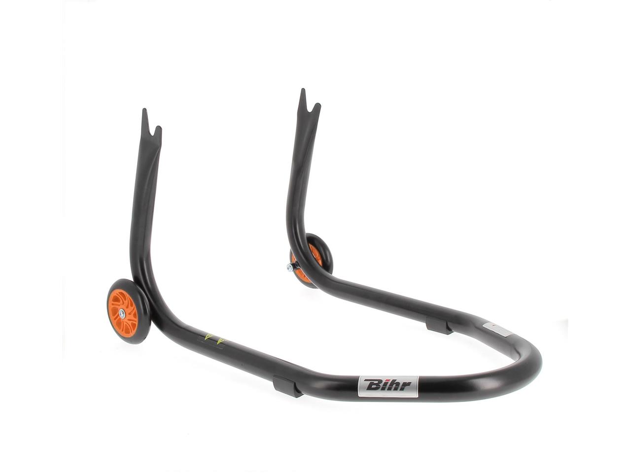 Béquille arrière marque Bihr Home Track fixe supports en "V" couleur noir mat roues orange